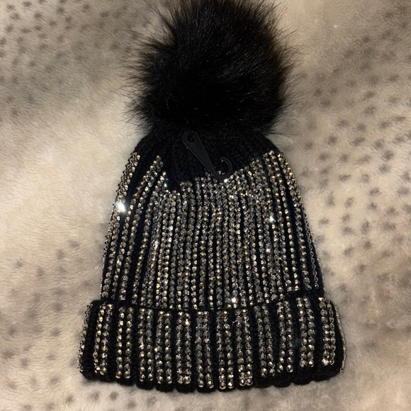 AKIRA Accessories - AKIRA Rhinestone Black Beanie and Faux Fur Pom